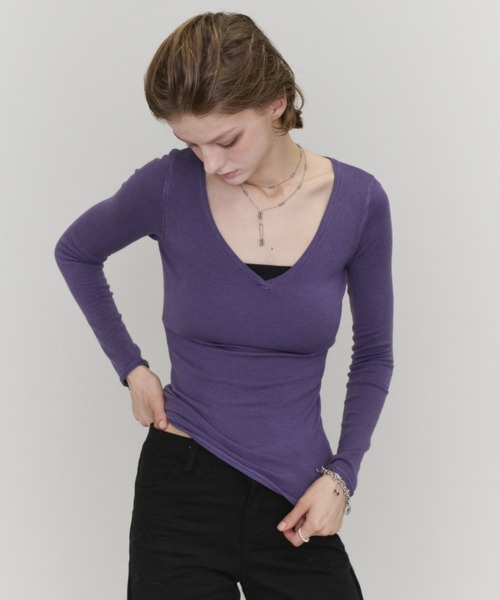 Rohwel(ローウェル)の「Basic V-Neck Knit / ベーシックVネックニット(ニット/セーター・レディース・ブラック/パープル/カーキ・FREE)」の7枚目の写真