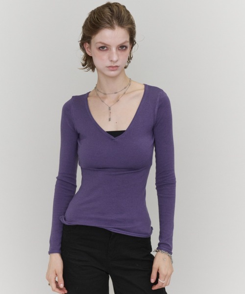 Rohwel(ローウェル)の「Basic V-Neck Knit / ベーシックVネックニット(ニット/セーター・レディース・ブラック/パープル/カーキ・FREE)」の5枚目の写真