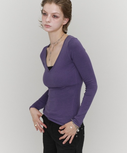 Rohwel(ローウェル)の「Basic V-Neck Knit / ベーシックVネックニット(ニット/セーター・レディース・ブラック/パープル/カーキ・FREE)」の12枚目の写真