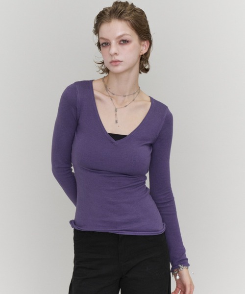 Rohwel(ローウェル)の「Basic V-Neck Knit / ベーシックVネックニット(ニット/セーター・レディース・ブラック/パープル/カーキ・FREE)」の4枚目の写真