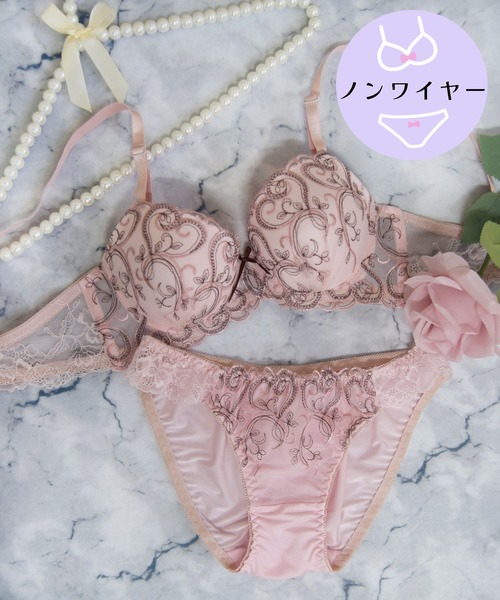 【ノンワイヤー/ラクして整う！ストレスフリーで上品なフィット感♪】上下セット/M-LL/スィートハート刺繍