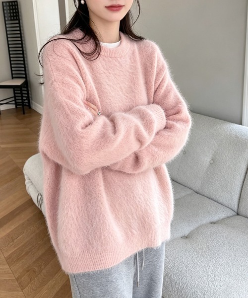 ONEP STAR(ワンピスター)の「シャギーニットクルーネック長袖トップス(ニット/セーター・レディース・グレー/ブラック/オフホワイト/ピンク・FREE)」の4枚目の写真