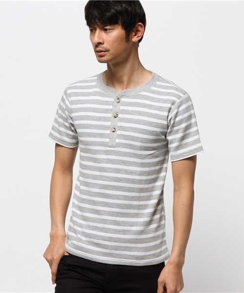 Abiding Aim(アバイディングエイム)の「【JEMORGAN】サーマルボーダー半袖ヘンリーネックTシャツ(Tシャツ/カットソー・メンズ・ホワイト/ネイビー/トップグレー・LARGE/MEDIUM/SMALL/X-LARGE)」の2枚目の写真