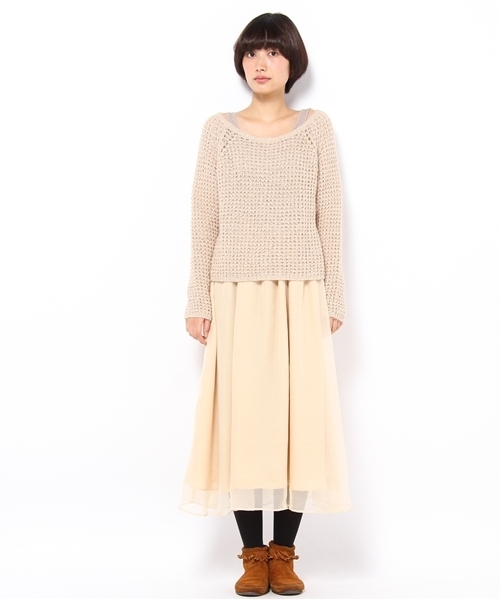 Ray BEAMS（レイビームス）の「Ray BEAMS / ニット×シフォンロング ワンピース（ワンピース・レディース・ベージュ/ネイビー/ブラウン系その他・ONE SIZE）」の4枚目の写真