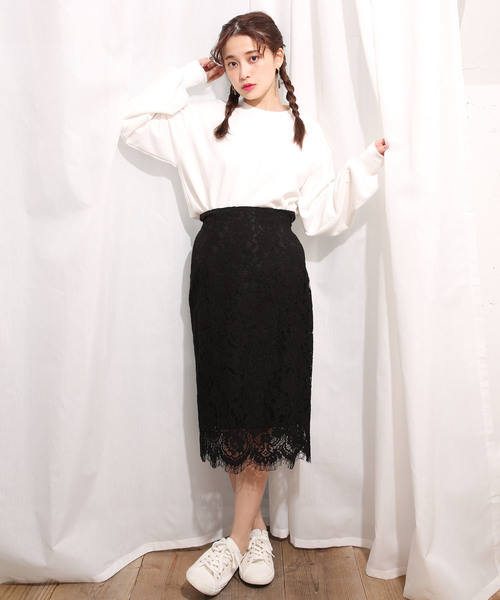 one after another NICE CLAUP（ワンアフターアナザーナイスクラップ）の「ケミカルレースタイトスカート（スカート・レディース・ブラック/グレー/オフホワイト・FREE）」の4枚目の写真