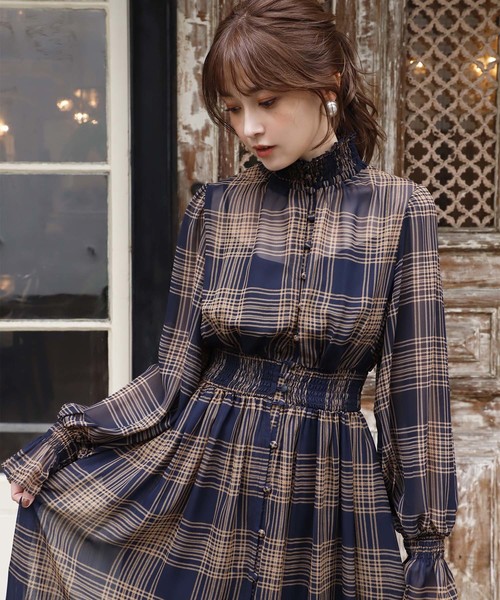 HEBANE ロングワンピース ネイビーセルフカット可能MORE ME企画 セルフカットリブサムホール長袖ロングワンピース（ワンピース