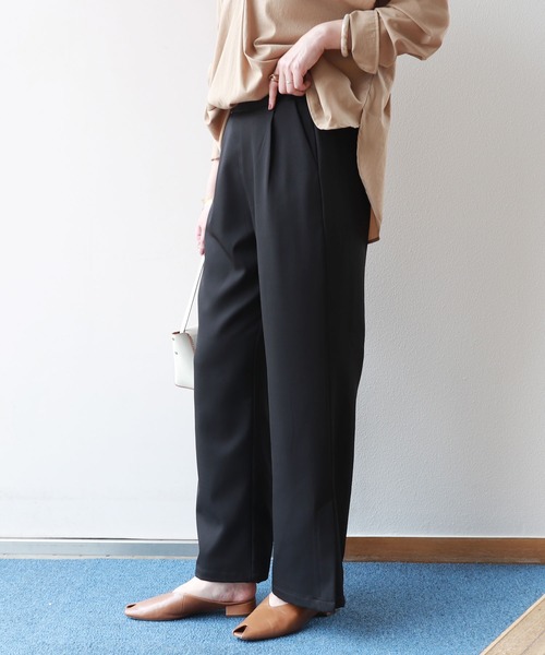and Me(アンドミー)の「サイドスリットワイドパンツ ウエストゴム(スウェットパンツ)」|ブラック