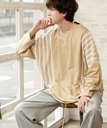 ドロップショルダーストライプ切替ビッグロンTee 韓国 ファッション ストリート ユニセックス