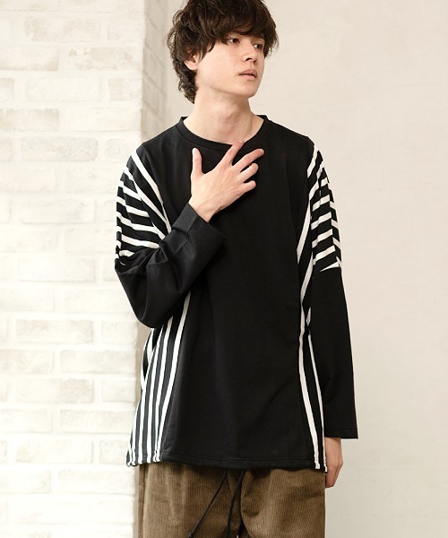 UP START（アップスタート）の「ドロップショルダーストライプ切替ビッグロンTee 韓国 ファッション ストリート ユニセックス（Tシャツ/カットソー・メンズ・ホワイト/ブラック/ベージュ/カーキ・FREE）」の3枚目の写真