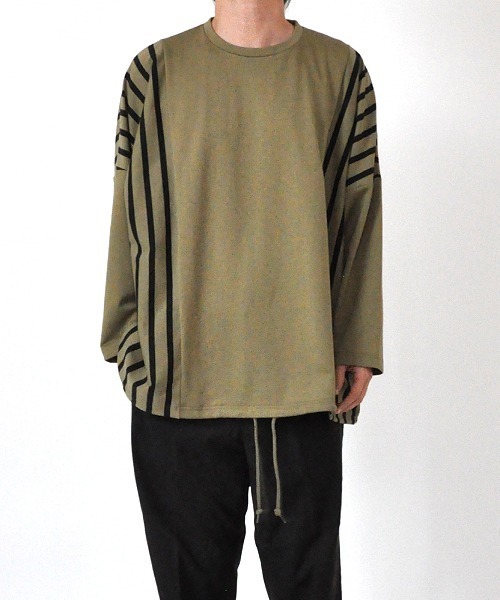 UP START（アップスタート）の「ドロップショルダーストライプ切替ビッグロンTee 韓国 ファッション ストリート ユニセックス（Tシャツ/カットソー・メンズ・ホワイト/ブラック/ベージュ/カーキ・FREE）」の10枚目の写真