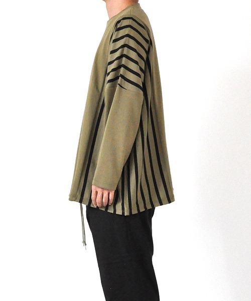 UP START（アップスタート）の「ドロップショルダーストライプ切替ビッグロンTee 韓国 ファッション ストリート ユニセックス（Tシャツ/カットソー・メンズ・ホワイト/ブラック/ベージュ/カーキ・FREE）」の9枚目の写真