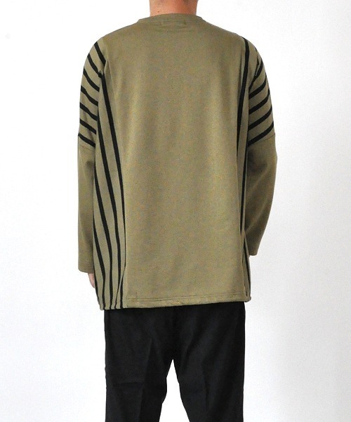 UP START（アップスタート）の「ドロップショルダーストライプ切替ビッグロンTee 韓国 ファッション ストリート ユニセックス（Tシャツ/カットソー・メンズ・ホワイト/ブラック/ベージュ/カーキ・FREE）」の6枚目の写真
