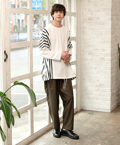 UP START（アップスタート）の「ドロップショルダーストライプ切替ビッグロンTee 韓国 ファッション ストリート ユニセックス（Tシャツ/カットソー・メンズ・ホワイト/ブラック/ベージュ/カーキ・FREE）」の13枚目の写真