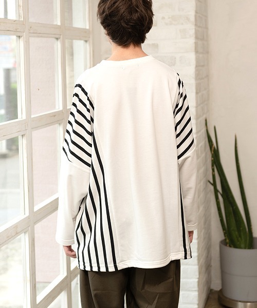 UP START（アップスタート）の「ドロップショルダーストライプ切替ビッグロンTee 韓国 ファッション ストリート ユニセックス（Tシャツ/カットソー・メンズ・ホワイト/ブラック/ベージュ/カーキ・FREE）」の12枚目の写真