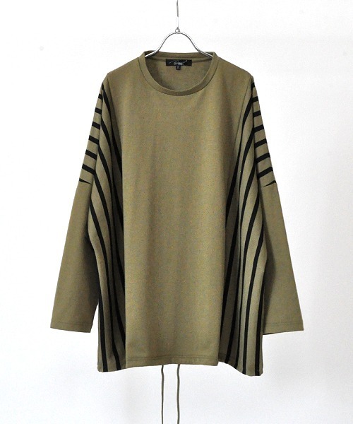 UP START（アップスタート）の「ドロップショルダーストライプ切替ビッグロンTee 韓国 ファッション ストリート ユニセックス（Tシャツ/カットソー・メンズ・ホワイト/ブラック/ベージュ/カーキ・FREE）」の22枚目の写真