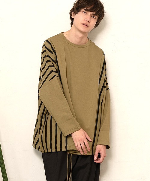 UP START（アップスタート）の「ドロップショルダーストライプ切替ビッグロンTee 韓国 ファッション ストリート ユニセックス（Tシャツ/カットソー・メンズ・ホワイト/ブラック/ベージュ/カーキ・FREE）」の17枚目の写真