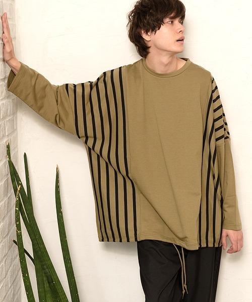 UP START（アップスタート）の「ドロップショルダーストライプ切替ビッグロンTee 韓国 ファッション ストリート ユニセックス（Tシャツ/カットソー・メンズ・ホワイト/ブラック/ベージュ/カーキ・FREE）」の18枚目の写真