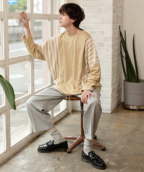 UP START（アップスタート）の「ドロップショルダーストライプ切替ビッグロンTee 韓国 ファッション ストリート ユニセックス（Tシャツ/カットソー・メンズ・ホワイト/ブラック/ベージュ/カーキ・FREE）」の16枚目の写真