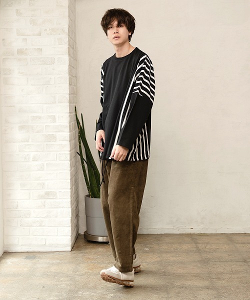 UP START（アップスタート）の「ドロップショルダーストライプ切替ビッグロンTee 韓国 ファッション ストリート ユニセックス（Tシャツ/カットソー・メンズ・ホワイト/ブラック/ベージュ/カーキ・FREE）」の15枚目の写真