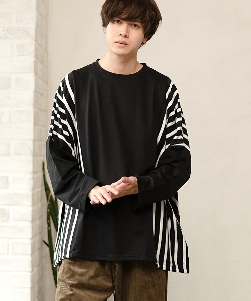 UP START（アップスタート）の「ドロップショルダーストライプ切替ビッグロンTee 韓国 ファッション ストリート ユニセックス（Tシャツ/カットソー・メンズ・ホワイト/ブラック/ベージュ/カーキ・FREE）」の14枚目の写真