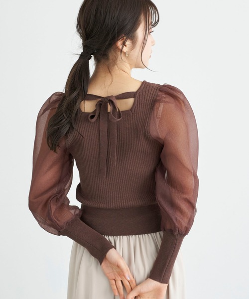 earth music&ecology(アースミュージックアンドエコロジー)の「オーガンジースリーブニットプルオーバー *(ニット/セーター・レディース・アイボリー/ブラウン/ピンク/ブラック・FREE)」の3枚目の写真