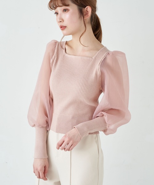 earth music&ecology(アースミュージックアンドエコロジー)の「オーガンジースリーブニットプルオーバー *(ニット/セーター・レディース・アイボリー/ブラウン/ピンク/ブラック・FREE)」の4枚目の写真