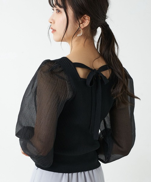 earth music&ecology(アースミュージックアンドエコロジー)の「オーガンジースリーブニットプルオーバー *(ニット/セーター・レディース・アイボリー/ブラウン/ピンク/ブラック・FREE)」の2枚目の写真