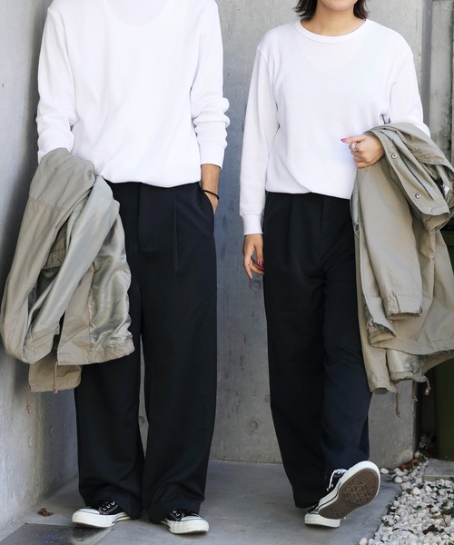 ８(eight)（エイト）の「スーツ生地ワイドパンツ（スラックス・メンズ・ベージュ/ブラック/チャコールグレー/ネイビー・LARGE/MEDIUM）」の15枚目の写真