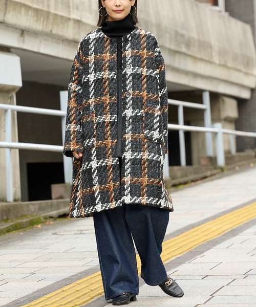 sheller レザーチェックコート n'OrLABELチェック柄ダブルテーラードコート』