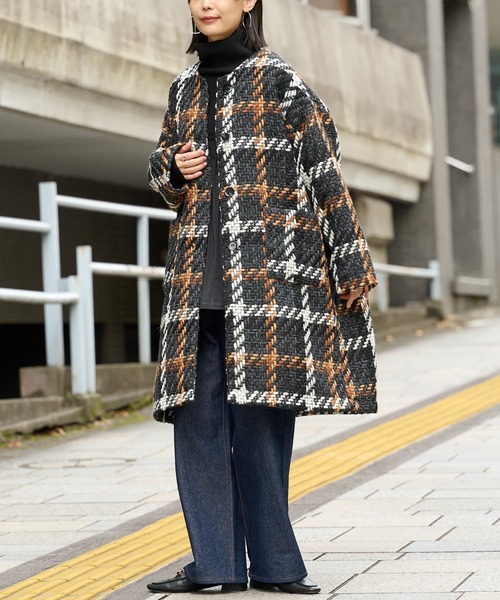 ノーカラーコート チェックコート レディース アウター 冬 ロングコート チェック柄 大きいサイズ 3L 韓国 カジュアル おしゃれ 大人可愛い 秋冬 コート レディース 冬 アウター チェック ミディアム丈 ノーカラー