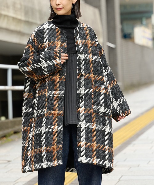 BONbazaar（ボンバザール）の「《こんなコート持ってない！》チェックコート（ノーカラーコート・レディース・オフホワイト/ブラック・FREE）」の4枚目の写真