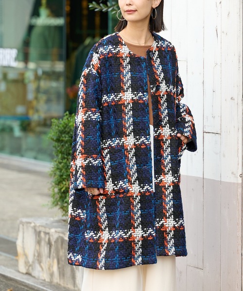 BONbazaar（ボンバザール）の「《こんなコート持ってない！》チェックコート（ノーカラーコート・レディース・オフホワイト/ブラック・FREE）」の5枚目の写真