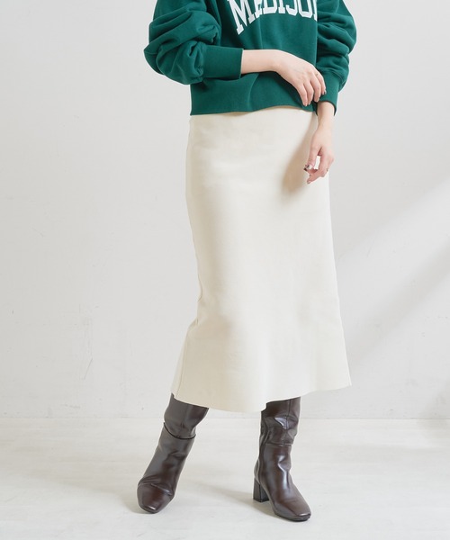natural couture（ナチュラルクチュール）の「【WEB限定カラー有り】おうちで洗えるプチプラスポンディッシュニットスカート（スカート・レディース・ブラック/オフホワイト/カーキ/サックスブルー/イエロー/グレイッシュベージュ・FREE）」の2枚目の写真