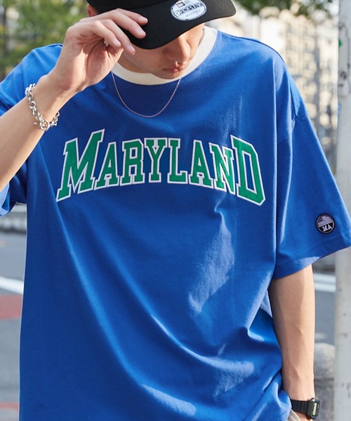 MONO-MART（モノマート）の「ビッグシルエット カレッジロゴ ナイロン刺繍/リンガー 半袖Tシャツ（Tシャツ/カットソー・メンズ・ホワイト/ブラック/グリーン/オートミール/ホワイト系/ホワイト系1/ブラック系1/アイボリー系1/ダークグリーン系1/ブルー系/ブルー系1/オレンジ系1・M/L）」の10枚目の写真