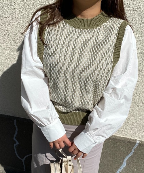 Mysa&Liina(ミーサリーナ)の「柄ベスト布帛ドッキングニットトップス(シャツ/ブラウス・レディース・ブラウン/グリーン/ブラック・FREE)」の3枚目の写真