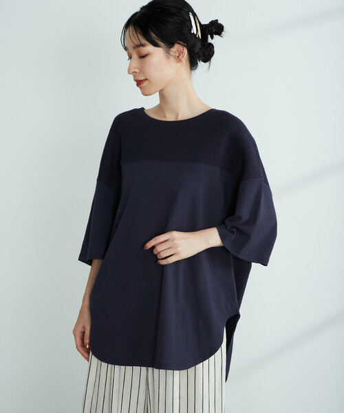 ONIGIRI(オニギリ)の「ワッフル切替ビッグTシャツ(Tシャツ/カットソー・レディース・ホワイト/イエロー×グリーン/チャコール/オレンジ/ベージュ/ネイビー・FREE)」の5枚目の写真
