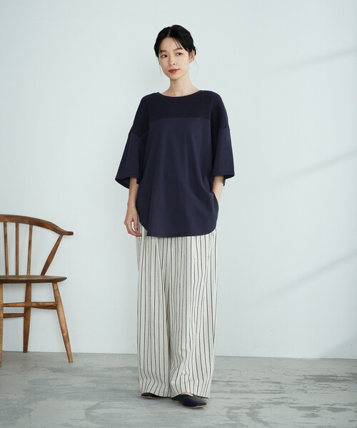 ONIGIRI(オニギリ)の「ワッフル切替ビッグTシャツ(Tシャツ/カットソー・レディース・ホワイト/イエロー×グリーン/チャコール/オレンジ/ベージュ/ネイビー・FREE)」の16枚目の写真