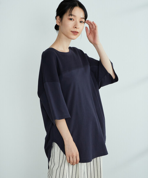 ONIGIRI(オニギリ)の「ワッフル切替ビッグTシャツ(Tシャツ/カットソー・レディース・ホワイト/イエロー×グリーン/チャコール/オレンジ/ベージュ/ネイビー・FREE)」の18枚目の写真