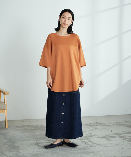 ONIGIRI(オニギリ)の「ワッフル切替ビッグTシャツ(Tシャツ/カットソー・レディース・ホワイト/イエロー×グリーン/チャコール/オレンジ/ベージュ/ネイビー・FREE)」の19枚目の写真