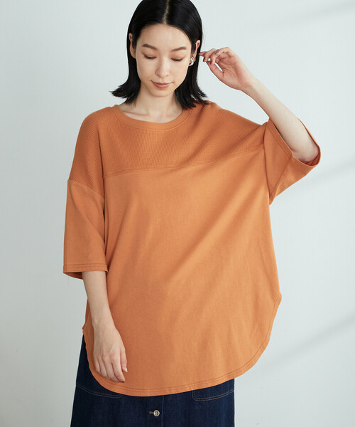 ONIGIRI(オニギリ)の「ワッフル切替ビッグTシャツ(Tシャツ/カットソー・レディース・ホワイト/イエロー×グリーン/チャコール/オレンジ/ベージュ/ネイビー・FREE)」の20枚目の写真