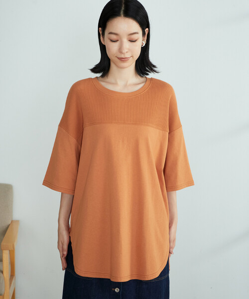 ONIGIRI(オニギリ)の「ワッフル切替ビッグTシャツ(Tシャツ/カットソー・レディース・ホワイト/イエロー×グリーン/チャコール/オレンジ/ベージュ/ネイビー・FREE)」の22枚目の写真