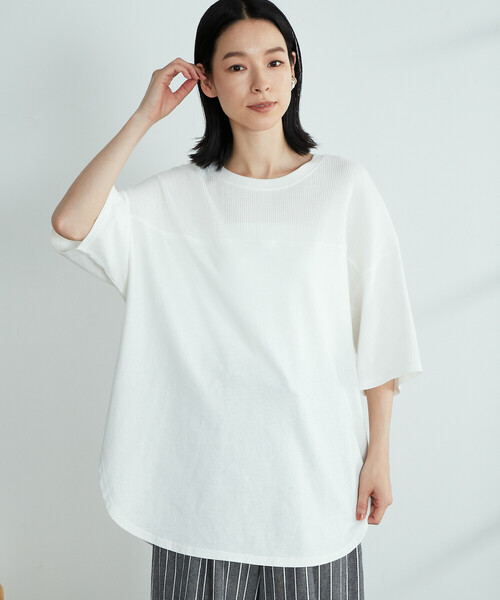 ONIGIRI(オニギリ)の「ワッフル切替ビッグTシャツ(Tシャツ/カットソー・レディース・ホワイト/イエロー×グリーン/チャコール/オレンジ/ベージュ/ネイビー・FREE)」の2枚目の写真