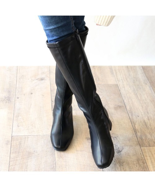 Fin（フィン）の「スクエアトゥストレッチロングブーツ【低反発スポンジ入り】（ブーツ・レディース・ブラック/キャメル・S/M/L/LL）」の10枚目の写真