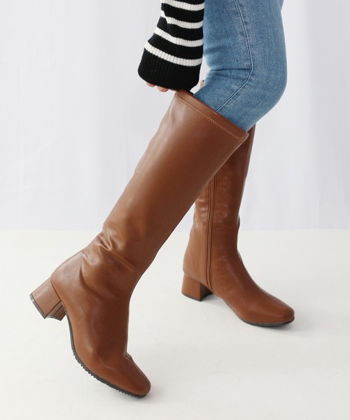 Fin（フィン）の「スクエアトゥストレッチロングブーツ【低反発スポンジ入り】（ブーツ・レディース・ブラック/キャメル・S/M/L/LL）」の12枚目の写真