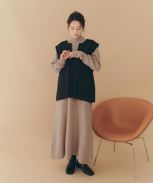 titivate（ティティベイト）の「レイヤードニットフレアワンピース（ワンピース・レディース・ベージュ系その他/ブラウン系その他/ホワイト系その他・S/M）」の3枚目の写真