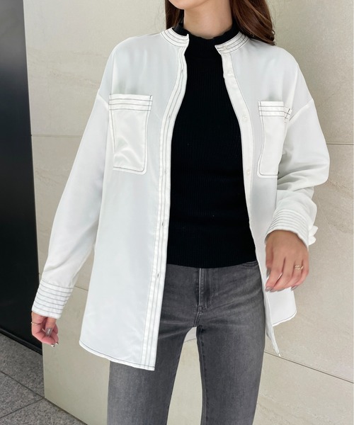 StyleSea（スタイルシー）の「スタンドカラーステッチブラウス（シャツ/ブラウス・レディース・ライトグレー/ブラック/オフホワイト/ピンク・MEDIUM）」の2枚目の写真