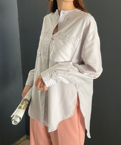 StyleSea（スタイルシー）の「スタンドカラーステッチブラウス（シャツ/ブラウス・レディース・ライトグレー/ブラック/オフホワイト/ピンク・MEDIUM）」の4枚目の写真