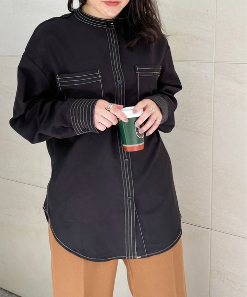 StyleSea（スタイルシー）の「スタンドカラーステッチブラウス（シャツ/ブラウス・レディース・ライトグレー/ブラック/オフホワイト/ピンク・MEDIUM）」の3枚目の写真