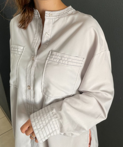 StyleSea（スタイルシー）の「スタンドカラーステッチブラウス（シャツ/ブラウス・レディース・ライトグレー/ブラック/オフホワイト/ピンク・MEDIUM）」の14枚目の写真