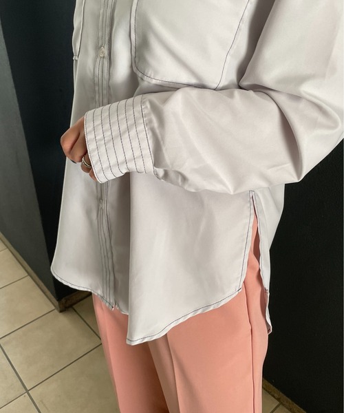 StyleSea（スタイルシー）の「スタンドカラーステッチブラウス（シャツ/ブラウス・レディース・ライトグレー/ブラック/オフホワイト/ピンク・MEDIUM）」の6枚目の写真